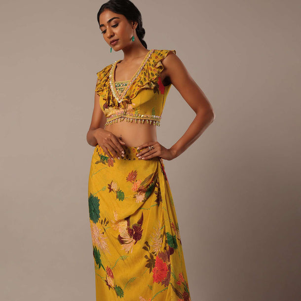 Yellow Sequin Embellished Blouse And Printed Dhoti Set