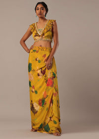 Yellow Sequin Embellished Blouse And Printed Dhoti Set