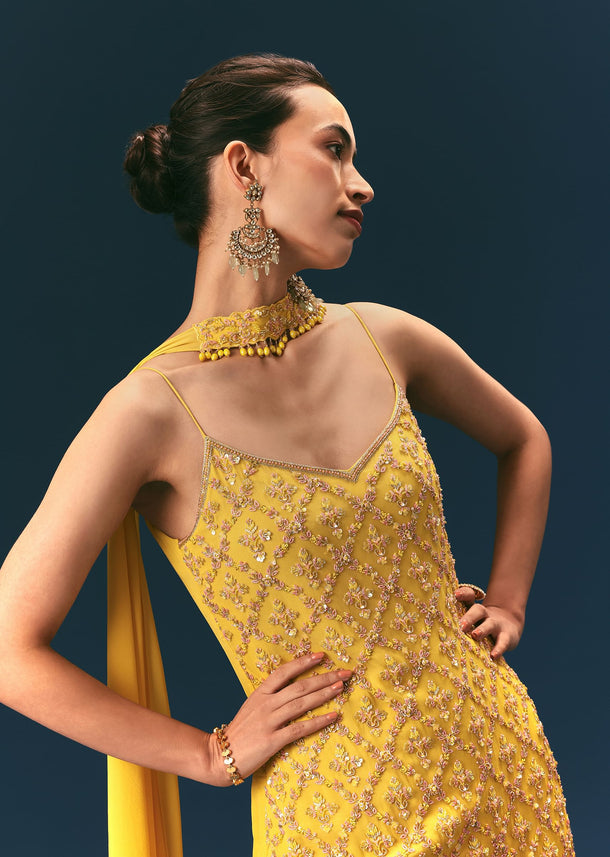 Yellow Sequin Hand Work Sharara Suit With Embroidered Choker Dupatta