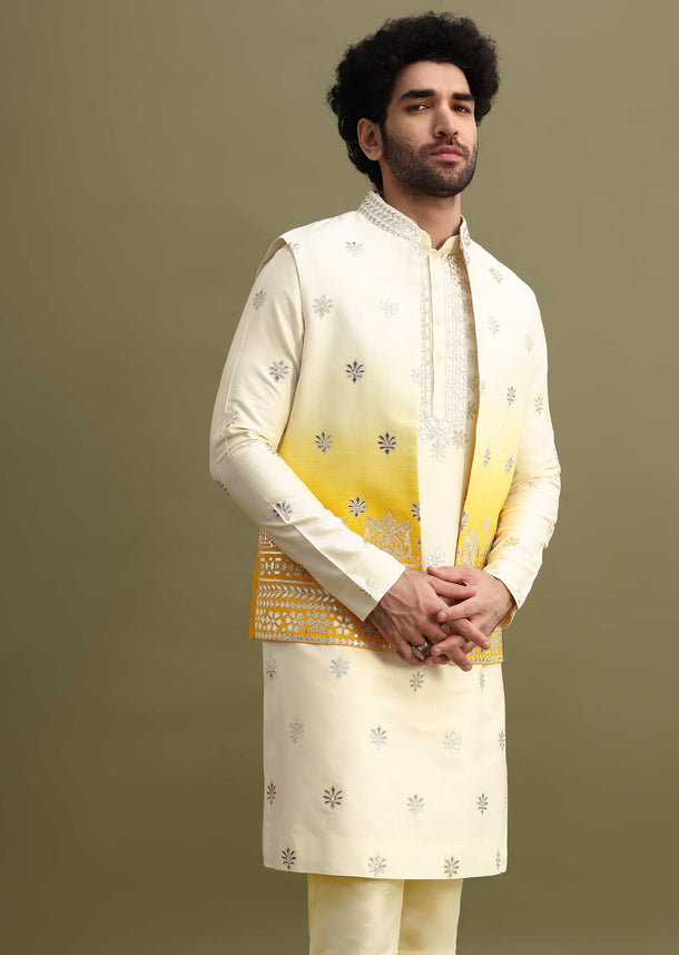 Yellow Shaded Gold Foil Apllique Work On Kurta Jacket Set