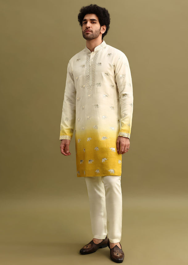 Yellow Shaded Gold Foil Applique Motifs Work Kurta