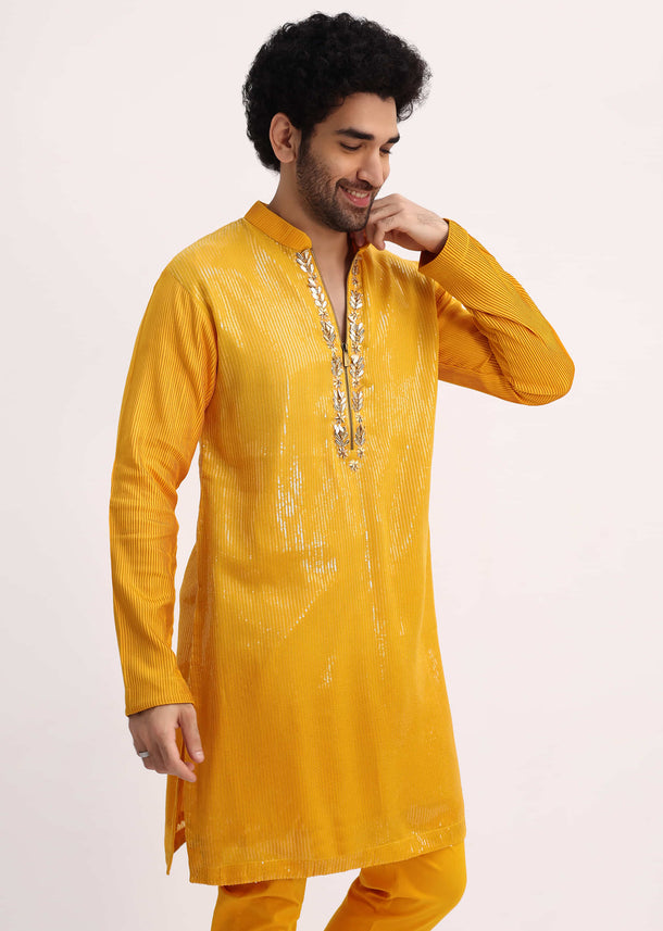 Yellow Shaded Sequin Zipper Kurta With Yellow Pants