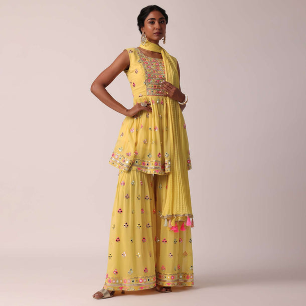 Yellow Sharara Set With Mirror Work