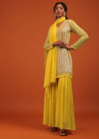 Yellow Sharara Suit In Georgette With Silver Embroidery