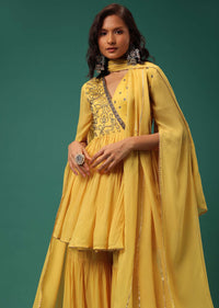 Yellow Sharara Suit Set In Georgette With Fancy Sleeves
