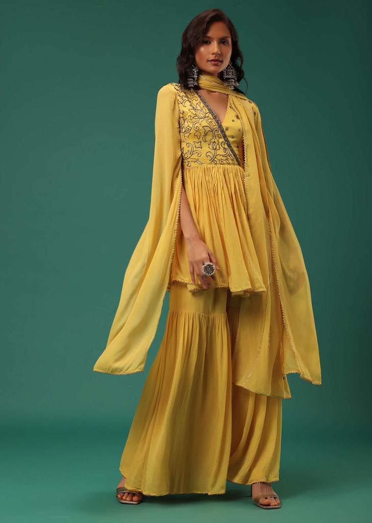 Yellow Sharara Suit Set In Georgette With Fancy Sleeves