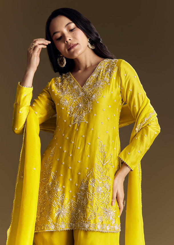 Yellow Sharara Suit With Cut Dana Sequins