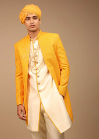 Yellow Sherwani With Lucknowi Work and Asymmetric Hemline