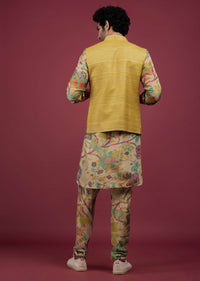 Mustard Yellow Silk Bandi Jacket With Tan Brown Printed Kurta Set