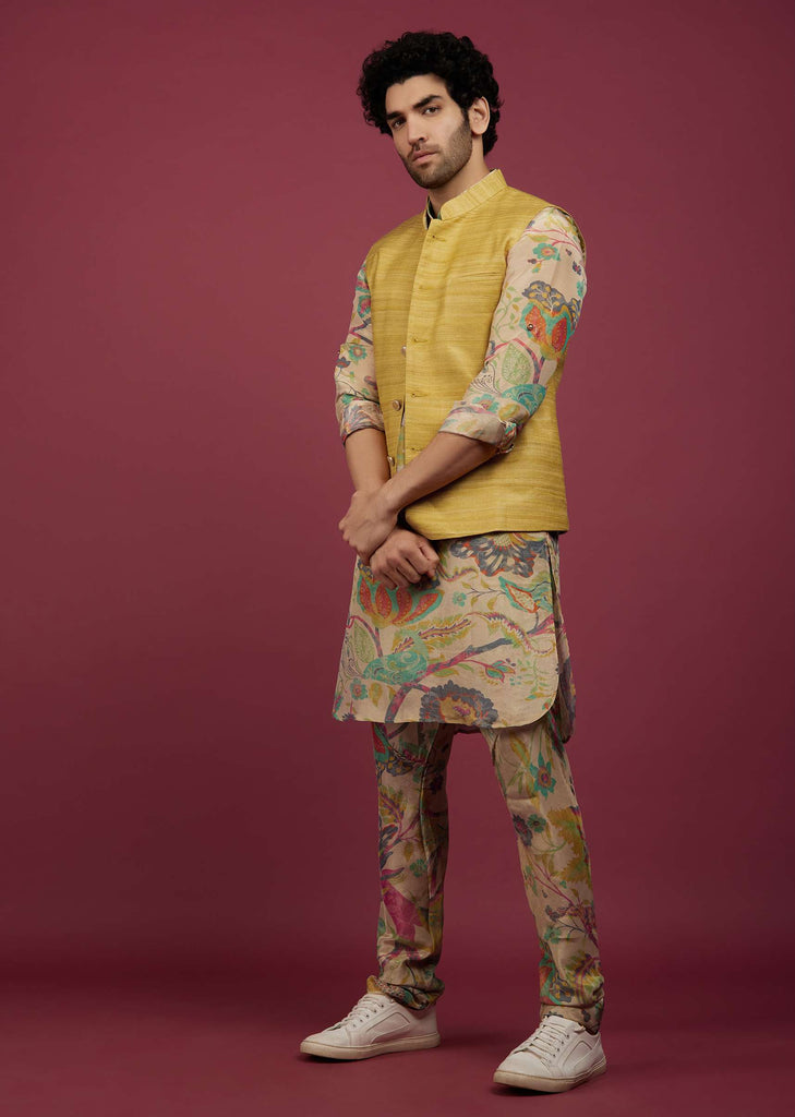 Mustard Yellow Silk Bandi Jacket With Tan Brown Printed Kurta Set