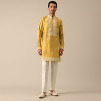 Yellow Silk Embroidered Kurta Set