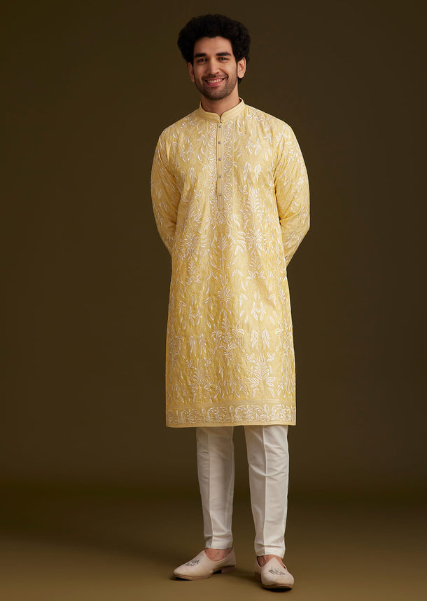 Yellow Silk Embroidered Kurta Set Kalki