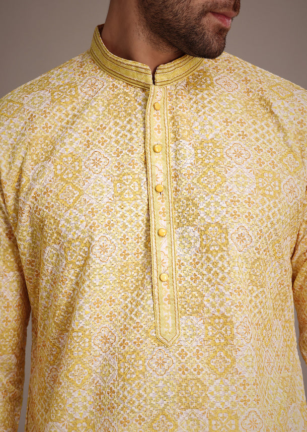 Yellow Silk Embroidered Kurta Set With Schiffli Work