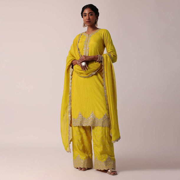 Yellow Silk Embroidered Palazzo Set With Organza Dupatta