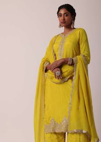 Yellow Silk Embroidered Palazzo Set With Organza Dupatta