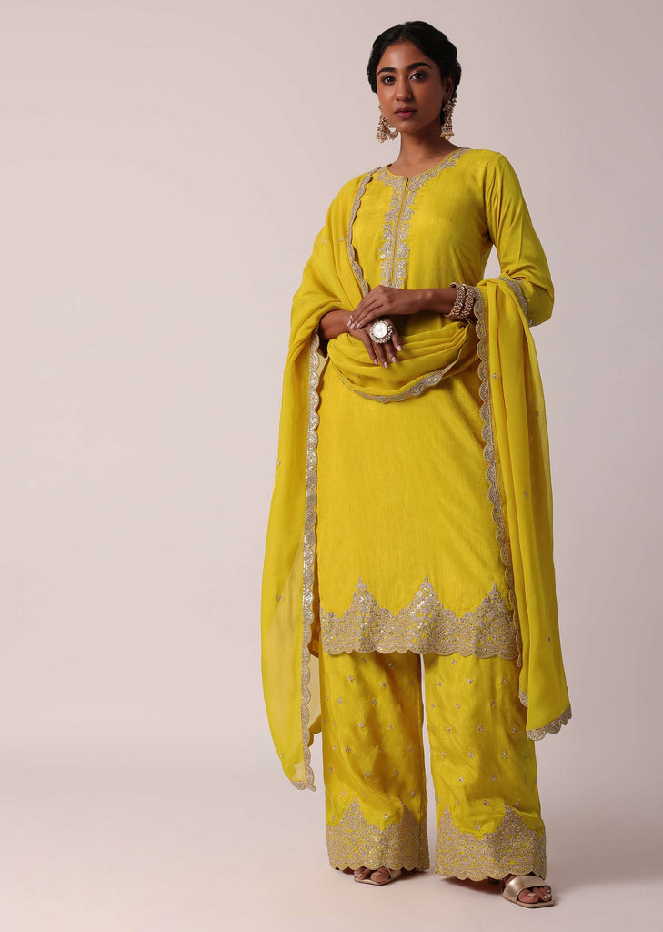 Yellow Silk Embroidered Palazzo Set With Organza Dupatta