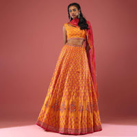 Marigold Yellow Silk Lehenga Set In A Geometric Mesh Print And Pink Chiffon Dupatta