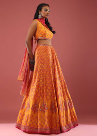 Marigold Yellow Silk Lehenga Set In A Geometric Mesh Print And Pink Chiffon Dupatta