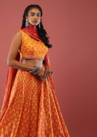 Marigold Yellow Silk Lehenga Set In A Geometric Mesh Print And Pink Chiffon Dupatta