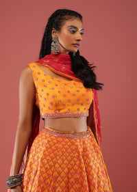 Marigold Yellow Silk Lehenga Set In A Geometric Mesh Print And Pink Chiffon Dupatta