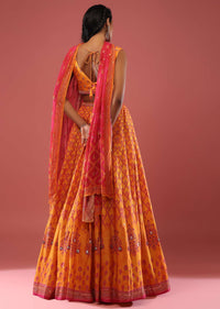 Marigold Yellow Silk Lehenga Set In A Geometric Mesh Print And Pink Chiffon Dupatta