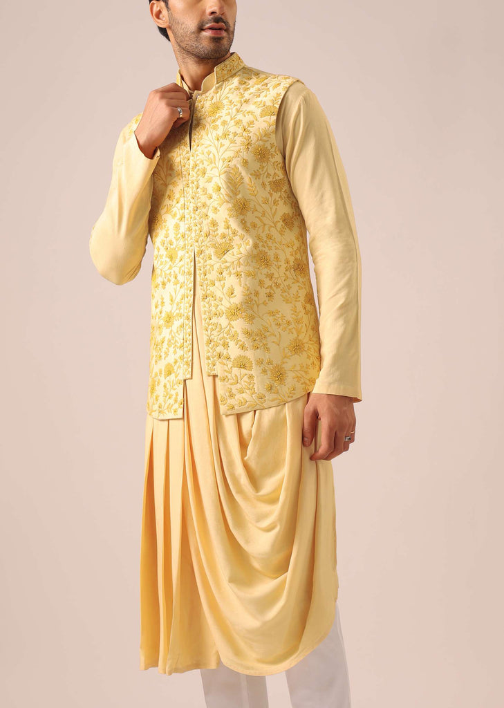 Yellow Silk Jacket And Cowl Draped Kurta Set