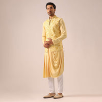 Yellow Silk Jacket And Cowl Draped Kurta Set