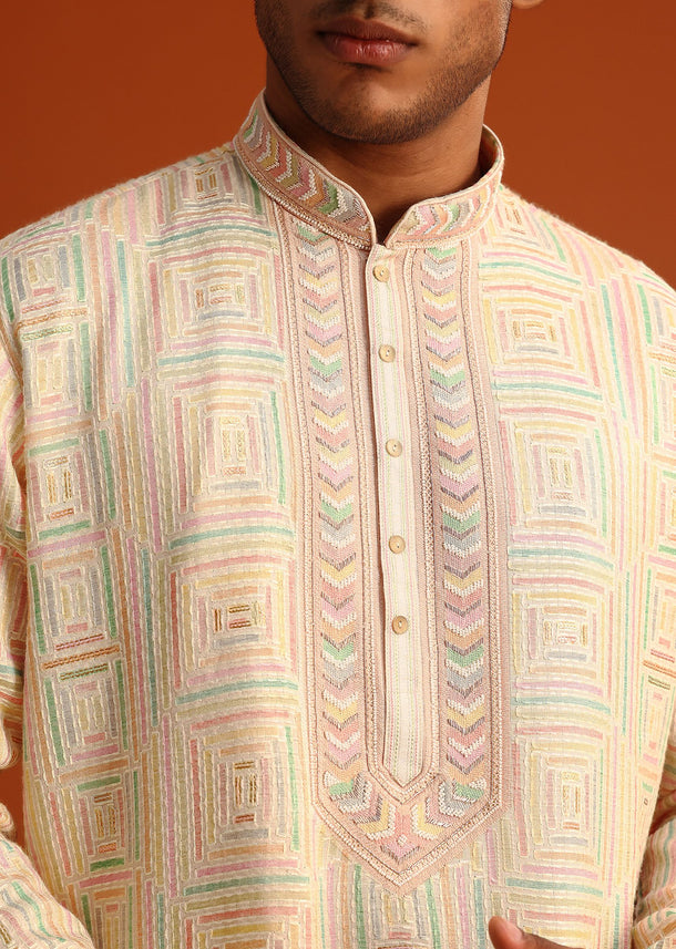 Yellow Silk Kurta Pant Set With Hand Work on Yoke