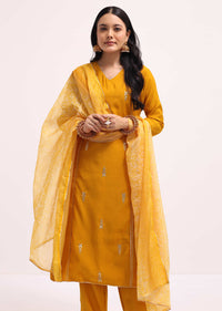 Yellow Silk Kurta Set With Dupatta In Sequins