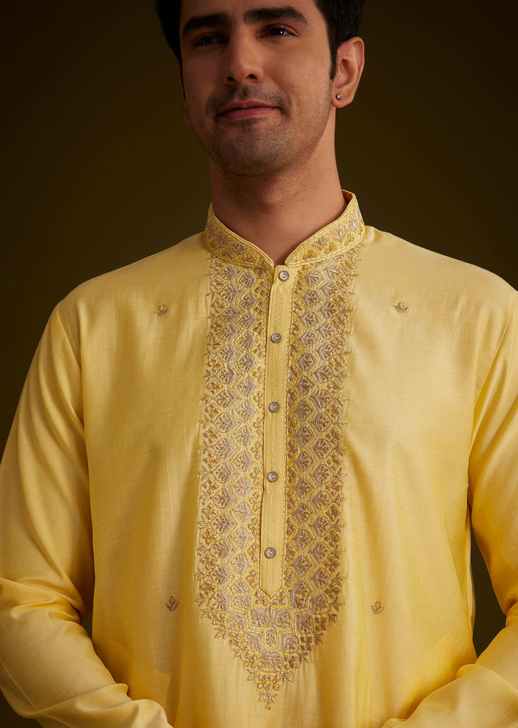 Yellow Silk Kurta Set With Resham Embroidery