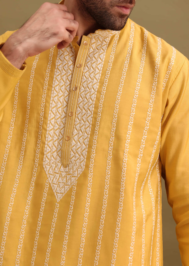 Yellow Silk Kurta Set With Resham Work For Men