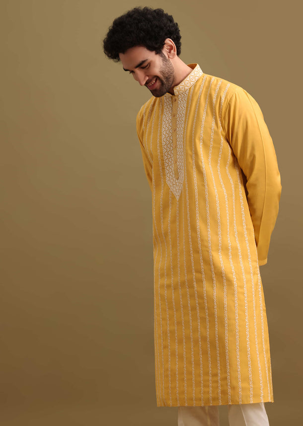 Yellow Silk Kurta Set With Resham Work For Men