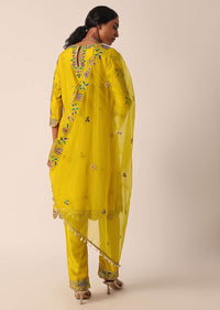 Yellow Silk Kurta Set With Shell Hangings And Mirror Work