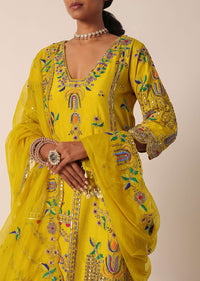 Yellow Silk Kurta Set With Shell Hangings And Mirror Work