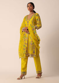 Yellow Silk Kurta Set With Shell Hangings And Mirror Work