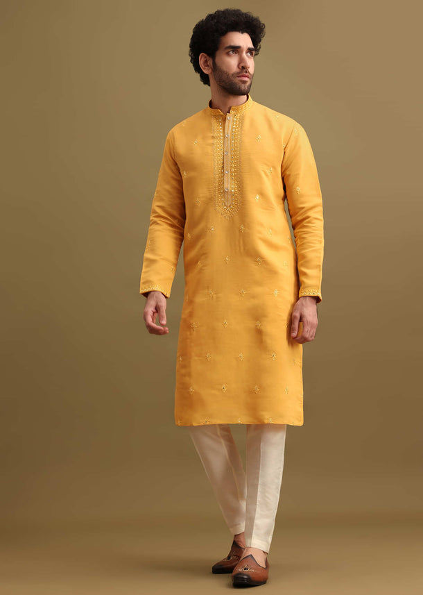 Yellow Silk Kurta Set With Thread Work For Men
