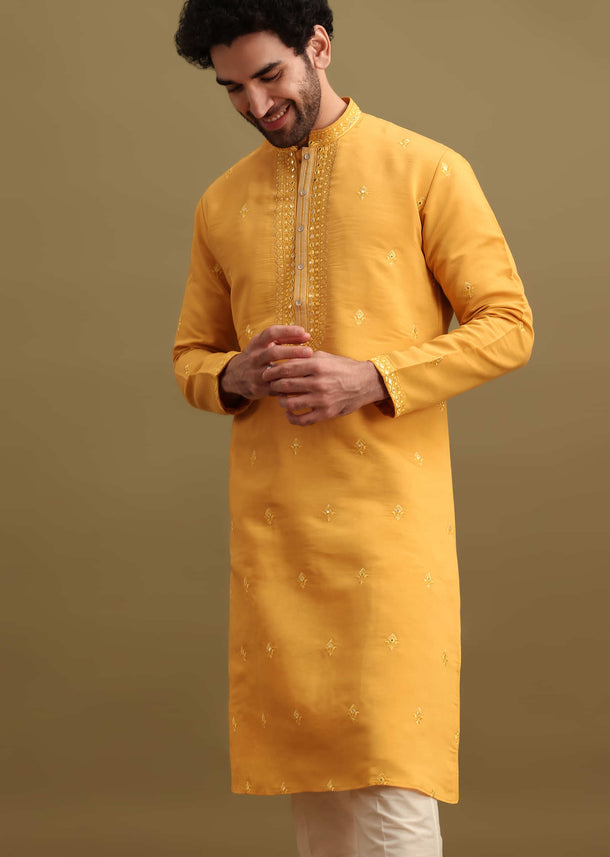 Yellow Silk Kurta Set With Thread Work For Men