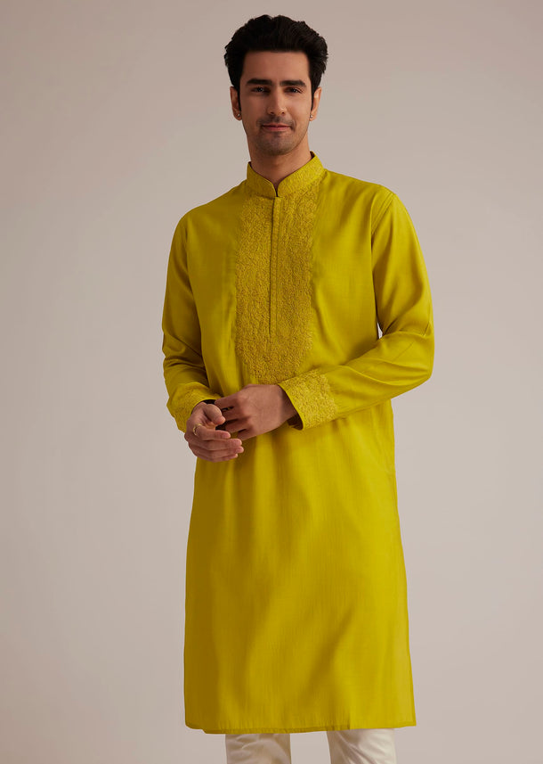 Yellow Silk Kurta With Thread Embroidery