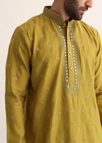 Yellow Silk Mirror Embroidered Kurta Set For Men