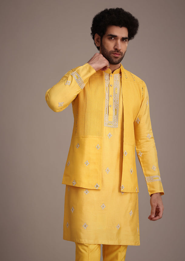 Yellow Silk Mirror Embroidered Kurta Jacket Set