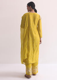 Yellow Silk Kurta Pant Set With 3D Florals And Sequins