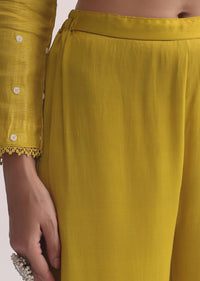 Yellow Silk Kurta Pant Set With 3D Florals And Sequins