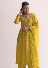 Yellow Silk Kurta Pant Set With 3D Florals And Sequins