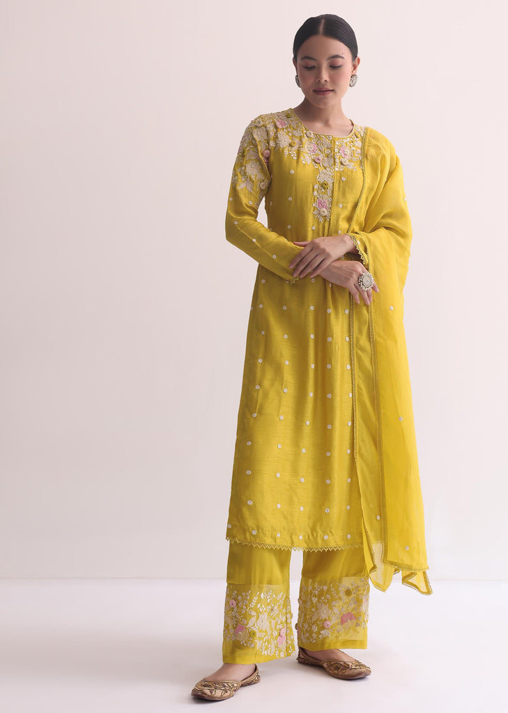 Yellow Silk Kurta Pant Set With 3D Florals And Sequins