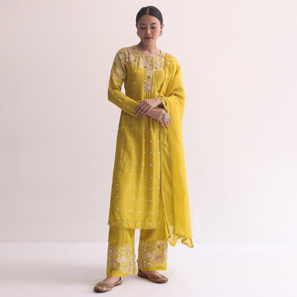 Yellow Silk Kurta Pant Set With 3D Florals And Sequins