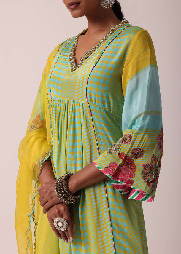 Yellow Silk Palazzo Set With Printed Kurta