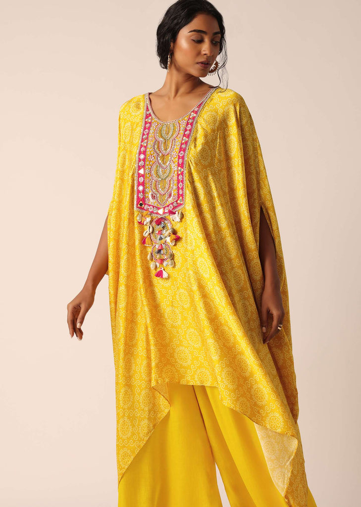 Yellow Silk Pant Set With Bandhani Detail And Mirror Work