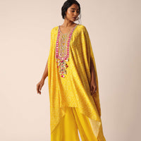 Yellow Silk Pant Set With Bandhani Detail And Mirror Work