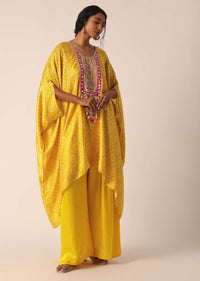 Yellow Silk Pant Set With Bandhani Detail And Mirror Work