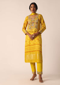 Yellow Silk Pant Set With Printed Motifs